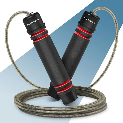 PORTENTUM Comba Crossfit con Mangos de Espuma Ergonómicos, Comba de Saltar de Longitud Ajustable y Rodamientos Rápidos - Ideal para Fitness, Entrenamiento por Intervalos y Crossfit - 2.8 Metros