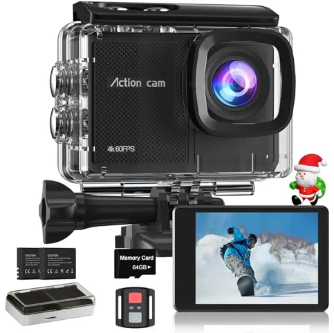 Cámara Deportiva 4K60FPS con Tarjeta 64GB,131FT Cámara Subacuática con 8X Zoom,48MP HD WiFi Videocámara 170° EIS Cámara de Acción,Camara Acuatica Sumergible con Mando a Distancia,2 * 1350mAh Baterías