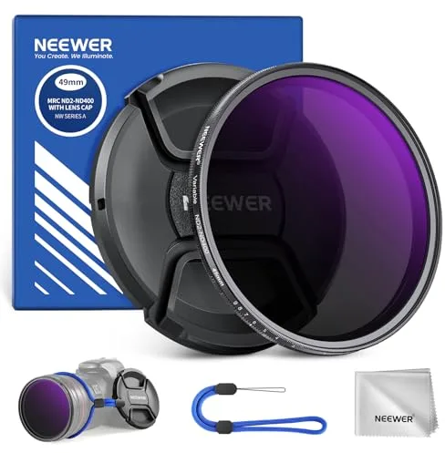 NEEWER 49mm Filtro ND Variable ND2-400 (1-9 Paradas) con Tapa de Lente, Cordón, Paño de Limpieza, Ajuste Preciso de Densidad Neutra, Vidrio Optico Multicapa Resistente a Huellas Dactilares y Rayones