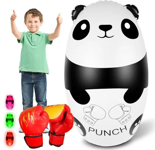 FOYOCER Saco de Boxeo Niños con Guantes de Boxeo 120cm Ilumine Panda Hinchable Saco de Boxeo con Luces LED Juguete para Niños 3-9 Regalo para Niños y Niñas Sin BPA(3xAAA Pilas No Incluidas)