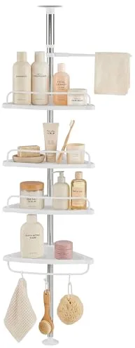 JUPPLIES Estanteria Telescopica de Baño de Altura Ajustable hasta 254cm - Esquinero Baño Ducha de Plástico y Metal sin Taladro - Organizador de Bañera, Lavabo con 4 Baldas (Blanco)