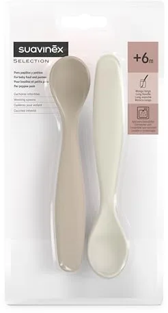 Suavinex, Pack 2 Cucharas para Bebés de Aprendizaje. Cucharas Infantiles. Aptas Encías Sensibles. Con Mango Largo. Ideal Papillas y Potitos. Aptas Lavavajillas. Ergonómicas. Bebés +6 Meses, Beige