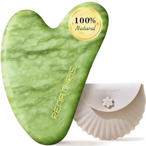Rena Chris Gua Sha Facial Masajeador, Piedra de Jade para Masaje Facial, Moldea el Óvalo Facial y Reduce Hinchazón, Incluye Funda Protectora de Silicona (Verde)