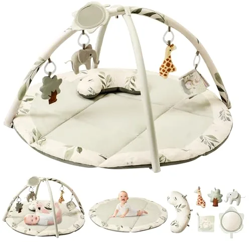 Fortella Gimnasio para Bebé, Tapete de Actividades, Manta de Juegos Plegable con 5 Juguetes Colgantes, Espejo y Almohada -Alfombra Acolchada para el Gateo, Desarrollo Infantil, 0-3-6-12 Meses(Verde)