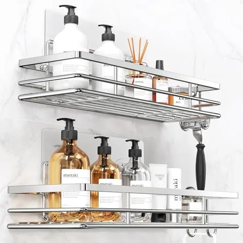 pickpiff SUS304 - Estante de ducha sin taladrar (acero inoxidable, 2 unidades, con 2 ganchos, estante de ducha, organizador de baño, champú, soporte para ducha, autoadhesivo)