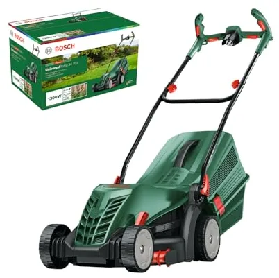Bosch cortacésped con cable UniversalRotak 34-405 (1300 W de potencia del motor, ancho de corte: 34 cm, cesta colectora de 40 litros, adecuado para cortar el césped de forma homogénea y cortar bordes)