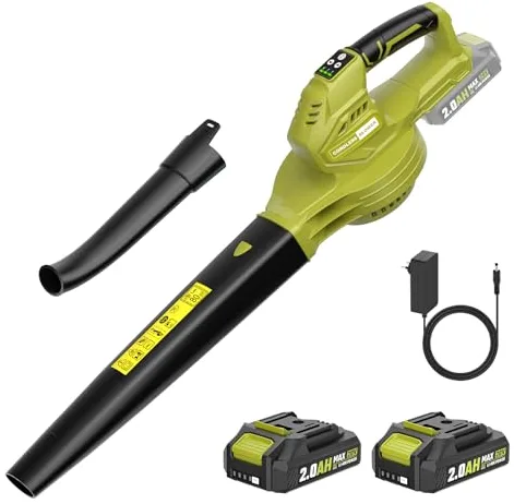 Soplador de Hojas, 20V soplador de Hojas electrico de 2×2.0Ah con Batería y Cargador,3 velocidades, Velocidad de 240 km/h, autonomía 55 min,Soplador de Hojas Eléctrico para el Cuidado del Césped