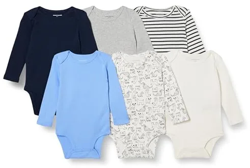 Amazon Essentials Bodies de Manga Larga Unisex Bebés, Pack de 6, Azul/Perros, Prematuro