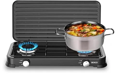 SOGO Hornillo Camping Gas Portátil 2 Fogones para Exterior GLP y Propano - Cocina Camping con Control Preciso de Llama - Cocina de Gas Portátil para Terraza y Aire Libre Compacta y Eficiente