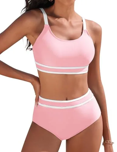 Tuopuda Bikini Mujer Push Up Deportivo Cintura Alta Traje de Baño Dos Piezas Conjunto de Bikini Biquini Vikini con Relleno Bikini Top con Brasileño Braga Alta Natacion Playa Piscina, Rosa, S