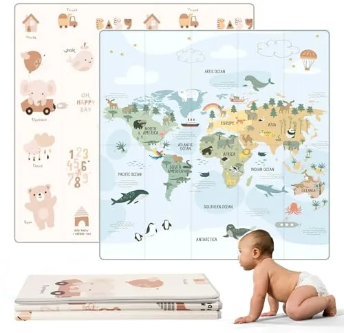 HUBORNS - Alfombra bebé plegable acolchada 200×180 cm para juegos y gateo, manta de actividades impermeable y reversible, tapete infantil antideslizante, regalo ideal recién nacidos (Mapa XL)