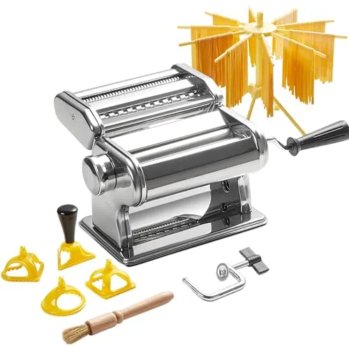 ROSSETTO Máquina para pasta manual con secador – Máquina de pasta de acero inoxidable con 9 grosores de masa y 2 anchos de corte – Para lasaña, espaguetis, fettuccine – Con cortadores de raviolis