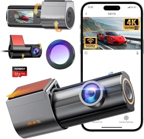 Dashcam, 4K+1080P Dash CAM Coche, WiFi Camara Coche con CPL, Camara Coche Grabadora con Tarjeta 64G, Super Visión, Gran 170°, Giratorio 360, Sensor G, Monitor de Aparcamiento, Grabación de Bucle