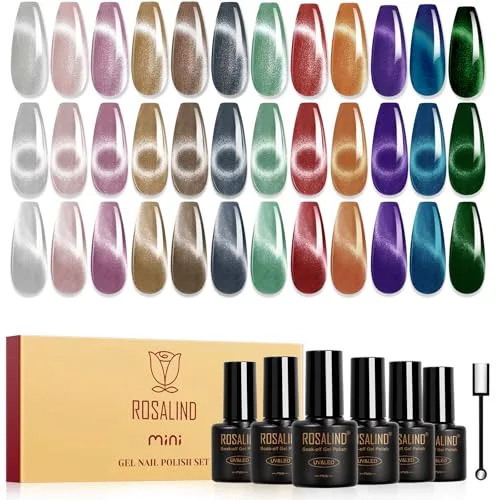 ROSALIND Esmaltes Semipermanentes Ojo de Gato, 12 Colores Púrpura Marrón Azul Verde Rojo Pintauñas Semipermanentes Cat Eye Gel Magnético con Imán, Soak Off Mini UV/LED Esmalte de Uñas Magnetico Regalo