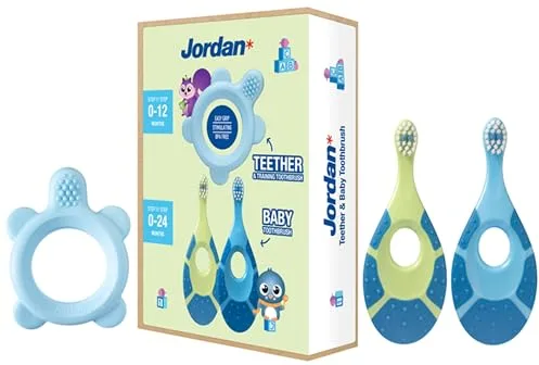 Jordan® | Step 0 Mordedor & Cepillo de Entrenamiento | Sin BPA, higiénico, solución 2 en 1 para la dentición y el cepillado temprano de bebés | Verde | 1 mordedor + 2 cepillos de bebé Step 1