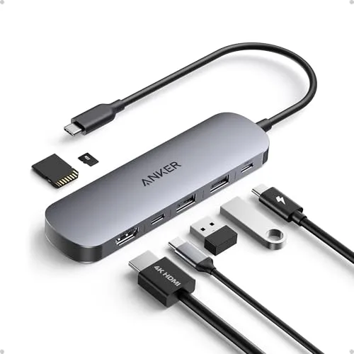 Anker Hub USB C 7 en 1 Concentrador, Adaptador Tipo C Multipuerto, Divisor USB HDMI 4K a60 Hz, Potencia máx de 100W, 3 Puertos de Datos USB A y USB-C 3.0, Tarjeta SD/TF, Tipo C (Cargador no Incluido)