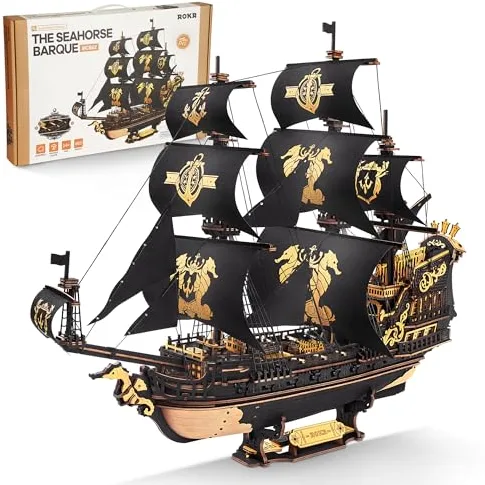 ROKR Kits de Maquetas de Barcos de Madera Con Rompecabezas 3D Para Adultos, Velero Mecánico DIY, Maquetas Para Adultos, The Seahorse Barque MCB02