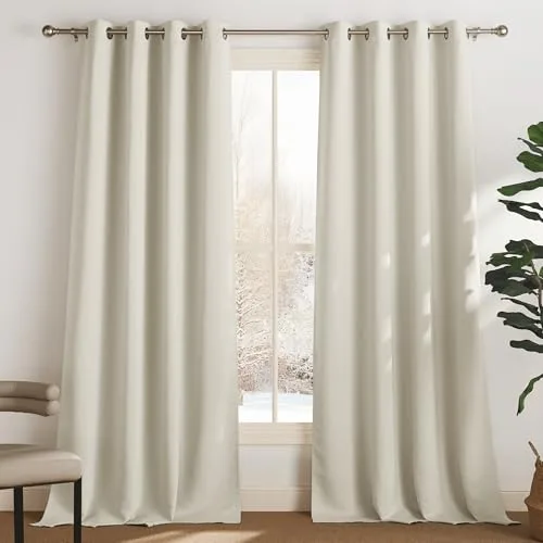 PONY DANCE Cortinas Termicas Aislantes Frio y Calor Opacas, Curtains Blackout con Ojales para Salon/Dortmitorio Matrimonio/Comedor 2 Piezas,140x240cm,Beige Claro