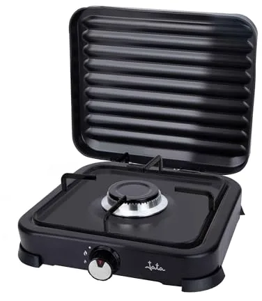 JATA JECG2721 - Cocina de gas portátil de 1 fuego con parrilla. Apta para butano y propano. Con tapa protectora extraíble. Ideal para camping. Ocupa poco espacio