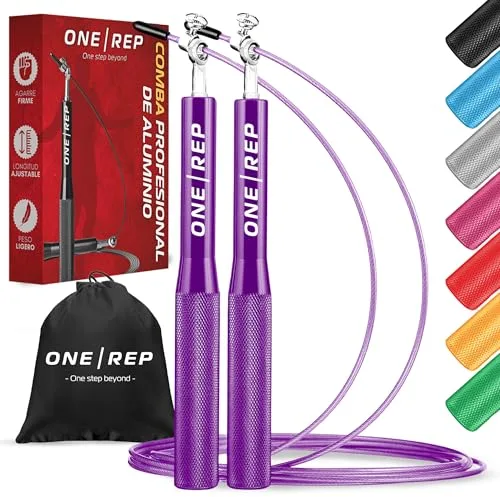 ONE REP | Comba Profesional de Aluminio Ajustable – Cuerda de Saltar para Crossfit, Boxeo y Fitness | Jump Rope Ligera y Rápida con Rodamientos 360° Antideslizante (Morado)