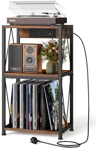 HFHOME Soporte para tocadiscos con estación de carga, mesa auxiliar de 3 niveles con almacenamiento de discos de vinilo, soporte giratorio para reproductor