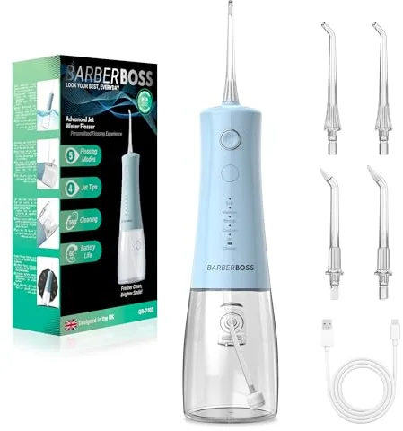 BarberBoss Irrigador Bucal, hilo dental eléctrico inalámbrico, 5 modos de presión, resistente al agua IPX8, irrigador bucal portátil para el cuidado de las encías (Azul Pastel)