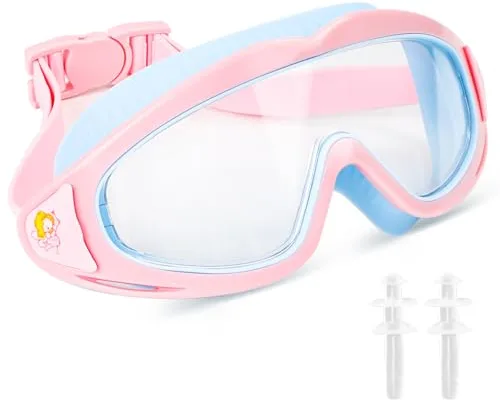 Gafas de natación para niños, gafas de buceo para niños de 3 a 15 años, antivaho, impermeables, máscara de buceo panorámica antifugas de 180°, para niños y niñas (rosa)