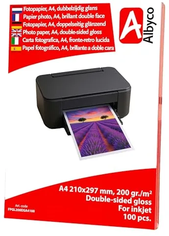 Papel Fotográfico Inyección de Tinta Albyco, A4/21x29,7 cm, Brillante, 200 gr/m², Doble cara, Envasada en 100 Hojas.