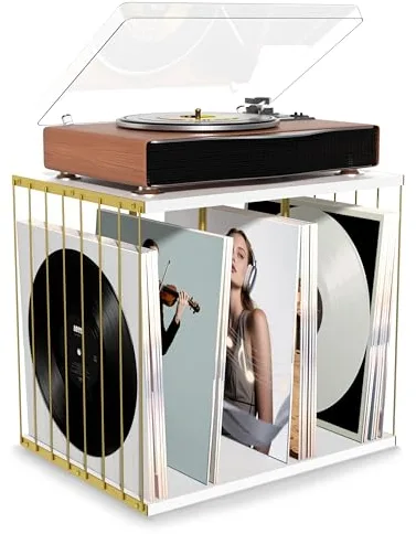 Emfogoo Caja Vinilos, Madera Soporte Vinilos, Estilo Vintage Multifuncional Mueble para Vinilo con 3 Compartimentos, Tocadiscos de Vinilo Stand Hasta 100 Álbumes, para Sala de Estar oficina (Blanco)