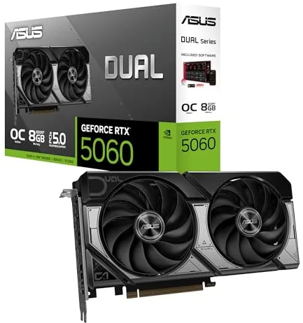 ASUS Dual GeForce RTX 5060 8 GB GDDR7 OC Edition Tarjeta gráfica (PCIe 5.0, 8 GB GDDR7, DLSS 4, HDMI 2.1b, DisplayPort 2.1b, diseño de 2,5 Ranuras, diseño de Ventilador Axial-Tech, tecnología 0dB)