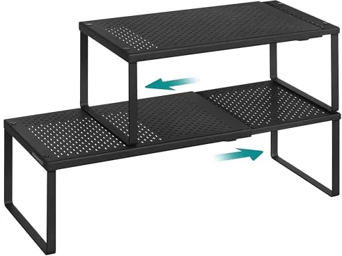 SONGMICS Juego de 2 Especieros, Extensibles, Organizador de Cocina, Estante de Cocina, Organizador de Armario, Estante Pequeño, Metal, Encimera, Mesa, Zapatero, Negro Mate KCS402B01