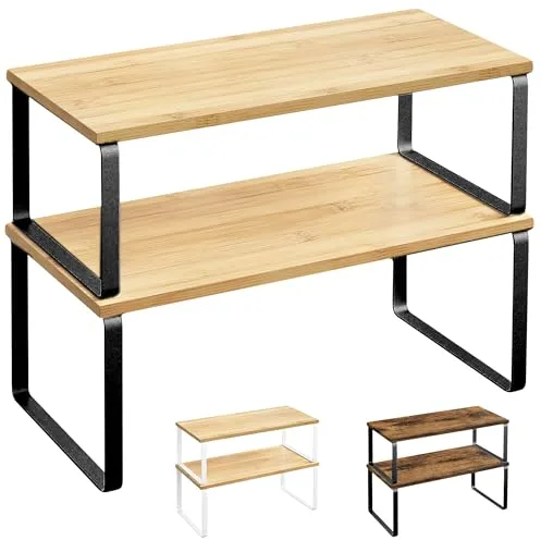 JUPPLIES - Pack 2 Organizador Cocina Estante para Especias - Organizador Armario Cocina Multiusos - Estanteria Cocina de Almacenamiento Apilable con Diseño de Bambu y Metal 19.5x29.7x15.8 cm