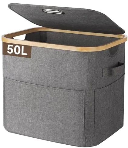 OUSFOT Cesta Ropa Sucia Pequeño 50 L, Laundry Basket con Bolsillos Frontales Grandes y un Asa Resistente, Impermeable Cesto Ropa Plegable para Armarios de Pared, Dormitorio, Lavaderos, Baños