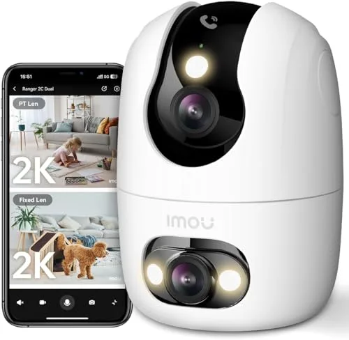 Imou 6MP(2K+2K) Cámara IP WiFi Doble Lente, 2.4/5Ghz Cámara Vigilancia WiFi Interior, Visión Nocturna en Color, Detección de Humana, Botón para Llamar, Admite Tarjeta SD hasta 512 GB, Ranger 2C Dual