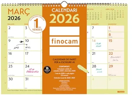 Finocam - Calendario de pared 2026 Mes Vista Enero - Diciembre 2026 + Sep.- Dic. 2025 (4 meses) reducidos | Calendario 2026 | Planificador mensual Trendy Grafik Catalán