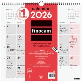 Finocam - Calendario de pared 2026 Mes Vista Enero - Diciembre (12 meses) | Calendario 2026 para anotar | Planificador mensual Neutro Catalán