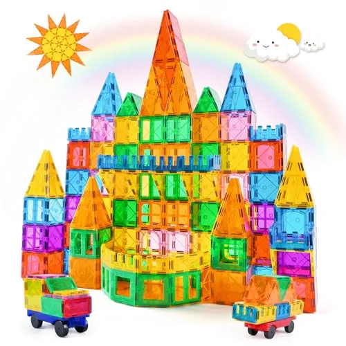 Katiago Construcciones Magneticas Niños, 100 Piezas Fuertes Bloques Magneticos Construccion para Niños de 3 4 5 6 años, Juego Imanes Niños con 2 Coches