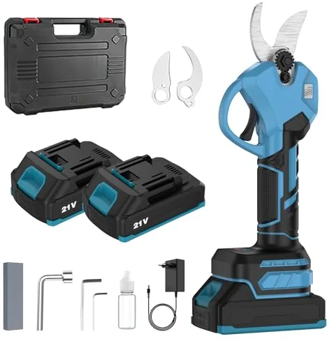 Tijeras de Podar Electricas, 40mm Tijeras de Podar a Bateria, 2 baterias de 21V, Pantalla LED, Motor sin Escobillas, 2 Cuchillas SK5, Podadora electrica para jardines, árboles frutales y robles