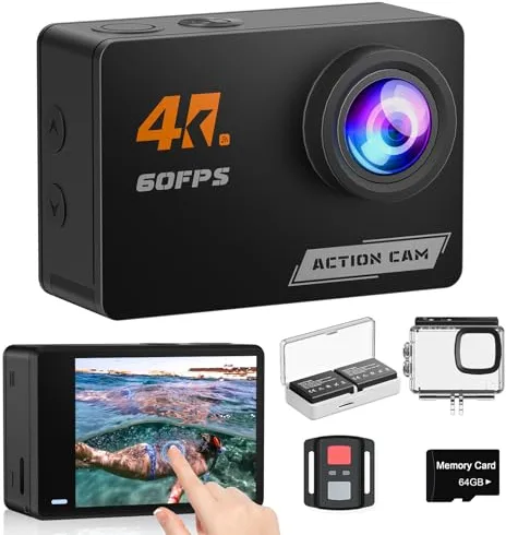 Cámara Deportiva 4K 60FPS con Pantalla Táctil,8X Zoom Videocámara de Casco WiFi-EIS Antivibración,48MP Subacuática Buceo 40M-Tarjeta 64GB,Control Remoto,2 * 1350mAh Baterías,Varios Accesorios