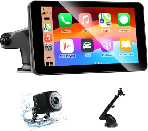 7 Pulgadas Táctil Pantalla con cámara retrovisora, para Coche con Carplay Android Auto Inalámbrica, Enlace Espejo, Navegación, Siri, FM, AUX, Bluetooth 5.2,Airplay, Lectura de vídeo, Navegación GPS