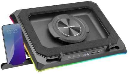 Mars Gaming MNBC-Ultra, Base Refrigeradora y Stand, Ventilador 140mm, Tecnología CoolCore Airflow, RGB Chroma, 5 Posiciones, Compatibilidad Portátiles hasta 18”, Soporte Smartphone, 4X USB-A, Negro