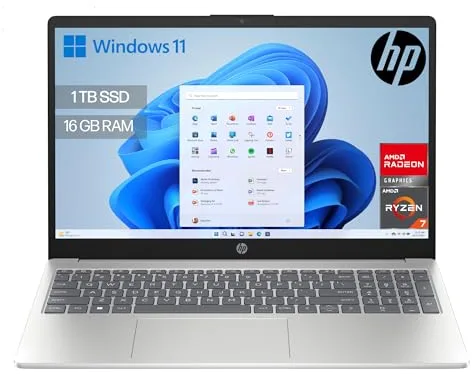 HP 15-fc0242ns - Ordenador portátil de 15.6" FHD (AMD Ryzen 7-7730U, 16 GB RAM, 1TB SSD, AMD Radeon Graphics, Windows 11) Plata - Teclado QWERTY Español