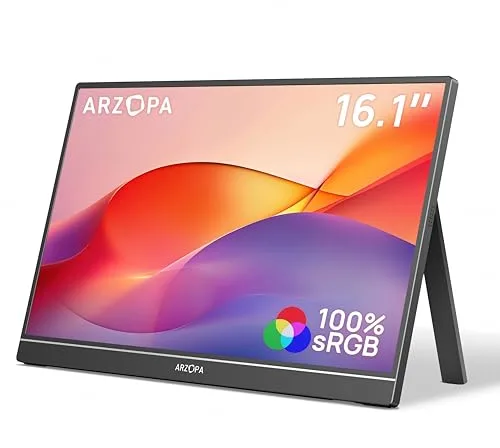 ARZOPA 16.1" Monitor Portatil, de FHD IPS 100sRGB% Pantalla Portátil Monitor con Una Sola Varilla, Soporte HDMI/Type-C/USB-C, de Protección Ocular, para Computadora Portátil/PC/Mac/PS4/5/Xbox