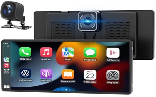 Pantalla Coche, 10.26" Pantalla Carplay Coche para Apple y Android con Cámara Trasera y Delantera HD 1080P, Navegación GPS, Sonido Premium, Control por Voz, Encendedor de Coche de Doble Puerto