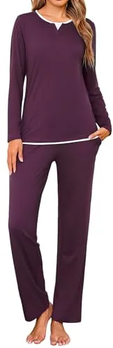 Jahetuul Pijama Mujer Invierno Algodón Manga Larga con Cuello Redondo Diseño de Escote con Efecto de Capas Conjunto de Dormir Color Liso Cómodo para Casa