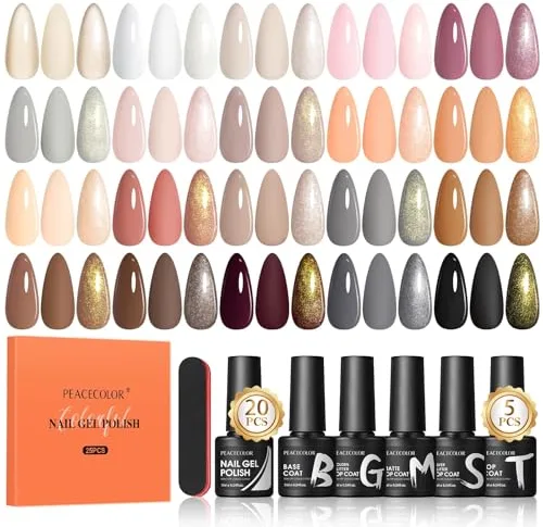 PEACECOLOR 25PCS Esmaltes Semipermanentes para Uñas, Blanco Nude Rosa Marrón Negro Gris Pintauñas Semipermanentes, 1 Base Cost y 4 Top Cost, UV/LED Gel Nail Polish