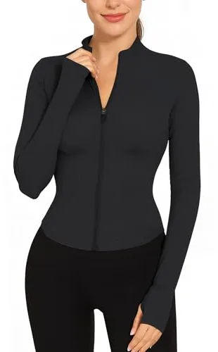 EIISSION Chaqueta Deportiva Mujer con Agujeros para Pulgares Ropa Running Chaqueta Ligera Sweatshirt Sudadera Mujer Sin Capucha Ropa de Deporte Cortavientos Running Negro XS