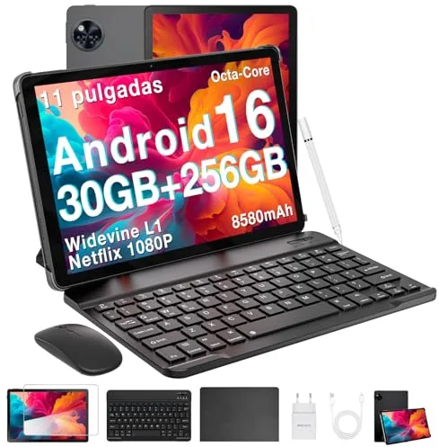 DOOGEE U11 Pro Android 16 Tablet 11 Pulgadas con Teclado y Lápiz, 30GB+256GB/2TB 8580mAh, Gemini AI Octa Core Tablets Niños, Widevine L1/13MP+5MP/WiFi 5/Face ID/GMS/GPS/FM Tableta PC con Ratón y Funda