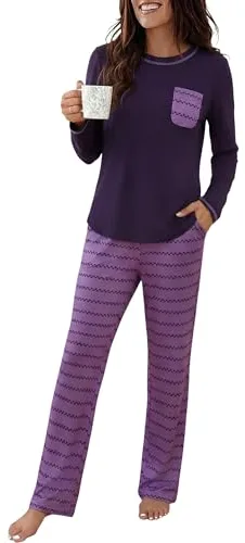 Demegimi Pijama Mujer Invierno Algodón con Estampado Pijama Largo Ropa de Dormir Cómoda 2 Piezas con Bolsillo