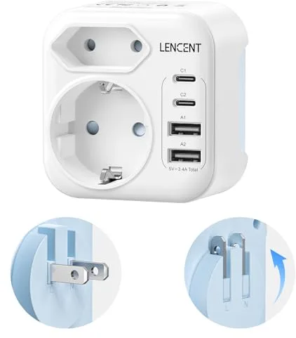 LENCENT Adaptador Enchufe Japón, Cargador Americano Viaje con 2 USB-C y 2 USB-A, Adaptador Compacto Plegable Europa España Portugal a Japón, EE.UU., México, Canadá, Tailandia, Tipo A